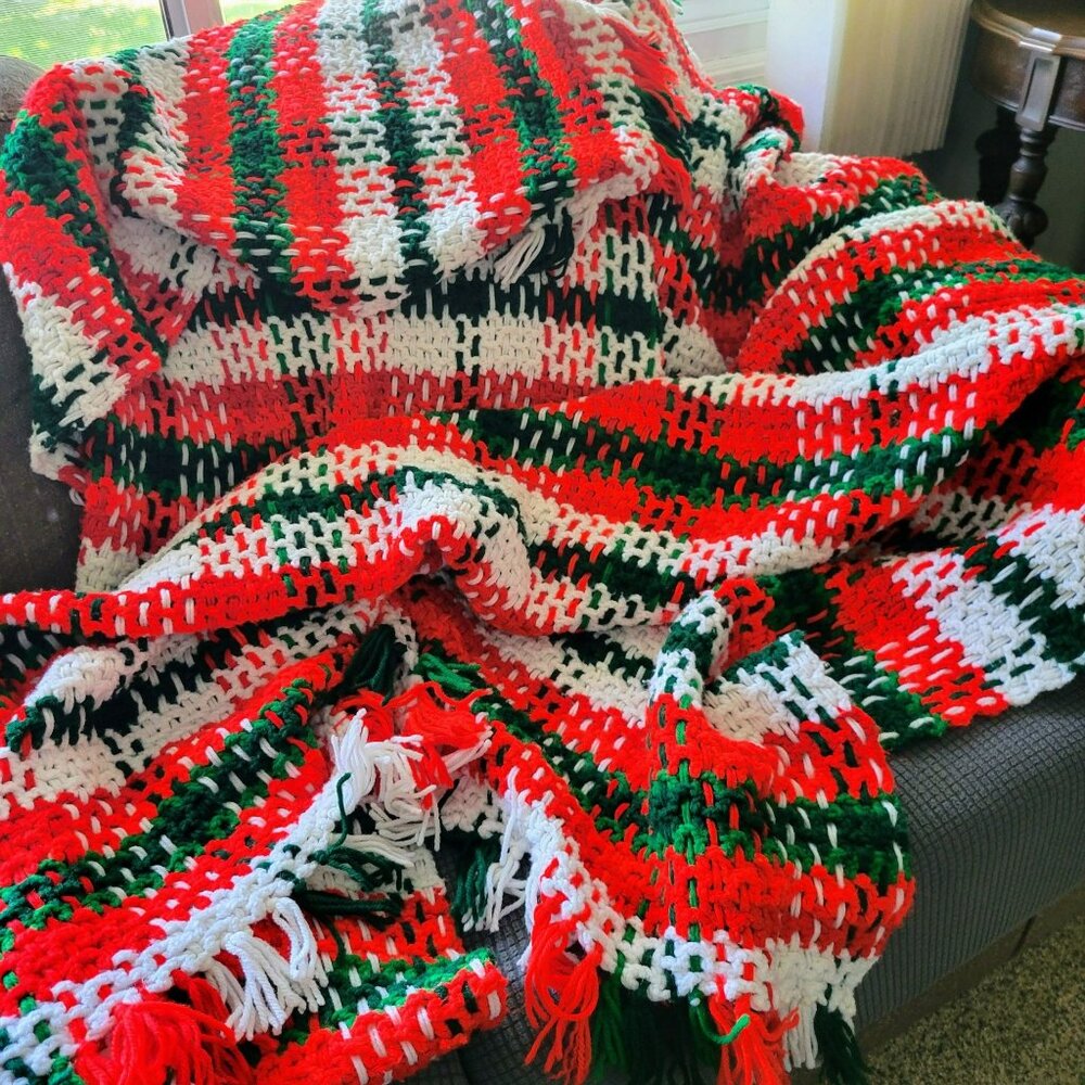 Vintage Handwoven Red Green & White Blanket w/ Fringe Large Christmas Afghan